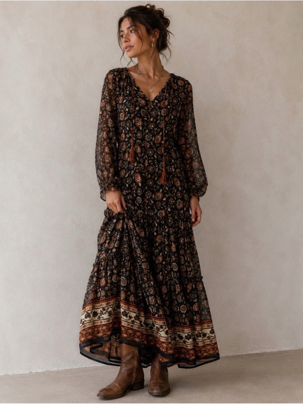 NATURAL LIFE Black Floral Bohemian Tiered Maxi Dress